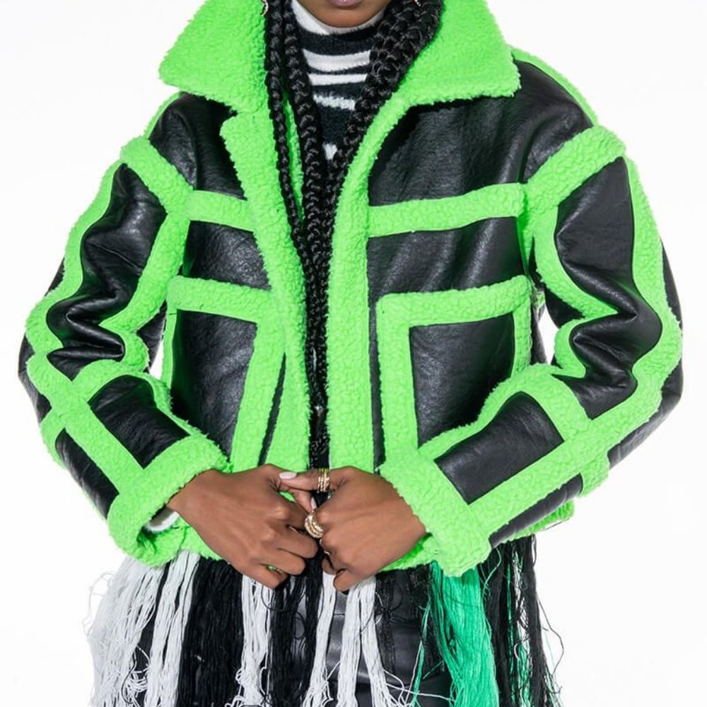 AKIRA Black Jacket with Neon Green Faux-Shearling Trim